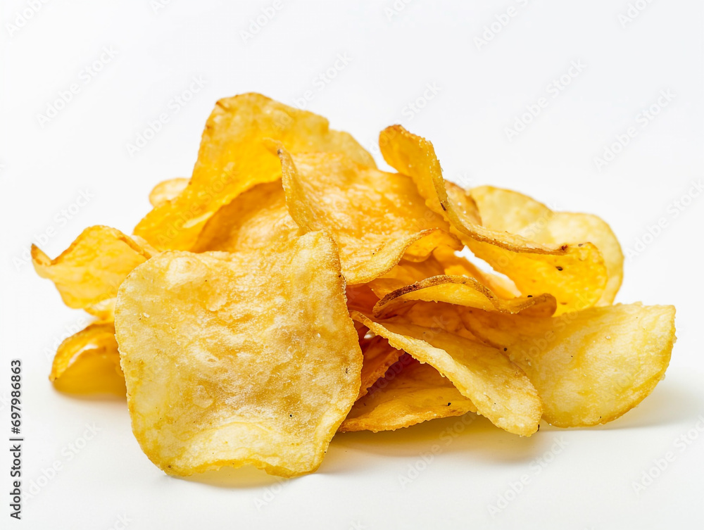 Crispy fresh potato chips isolated on white background. Crispy fresh potato chips isolated on white background.