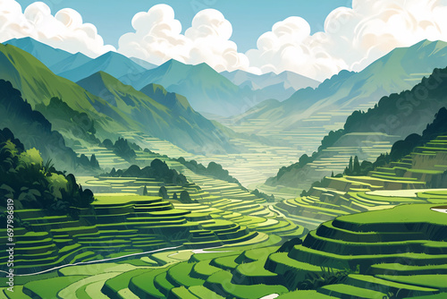 Illustrations of beautiful scenery of rural terraced fields in spring  illustrations of busy farming scenes in rural fields during the Beginning of Spring Festival