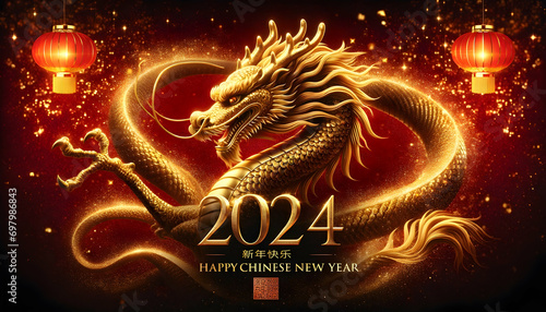 Chinese new year 2024 card with majestic golden dragon.