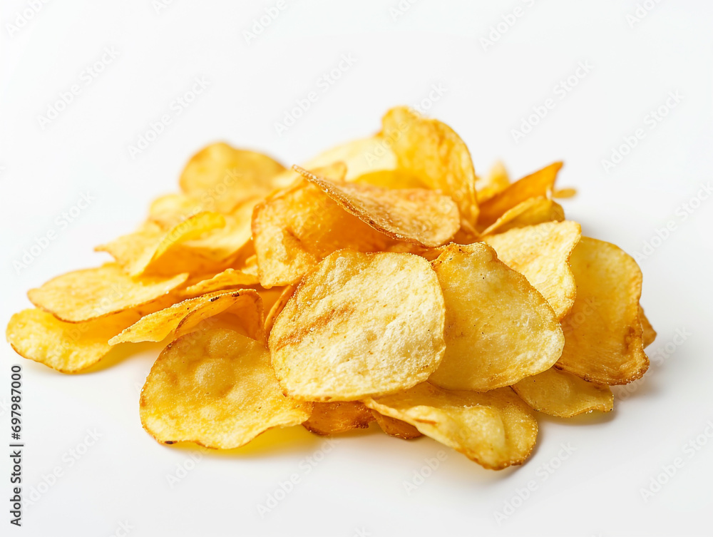 Crispy fresh potato chips isolated on white background. 