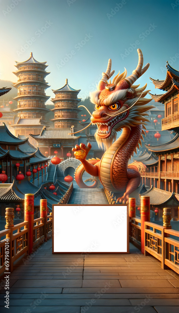 Fototapeta premium Chinese new year dragon in cartoon style with blank frame.