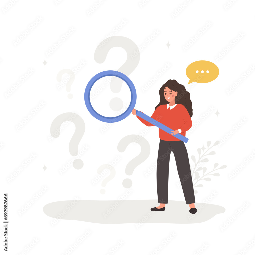 FAQ concept. Woman with magnifying glass search for answers. Customer support and online help service. Frequently asked questions. Vector illustration in flat cartoon style. FAQ concept. Woman with magnifying glass search for answers. Customer support and online help service. Frequently asked questions. Vector illustration in flat cartoon style.