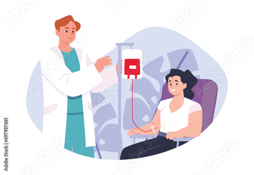 Blood transfusion or donation scene banner, flat vector illustration isolated.