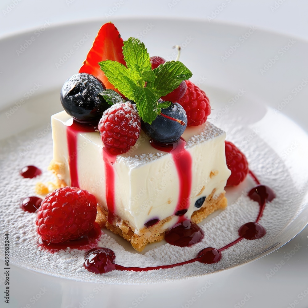 Elegant cheesecake topped with fresh berries, mint, and coulis on a white plate Elegant cheesecake topped with fresh berries, mint, and coulis on a white plate