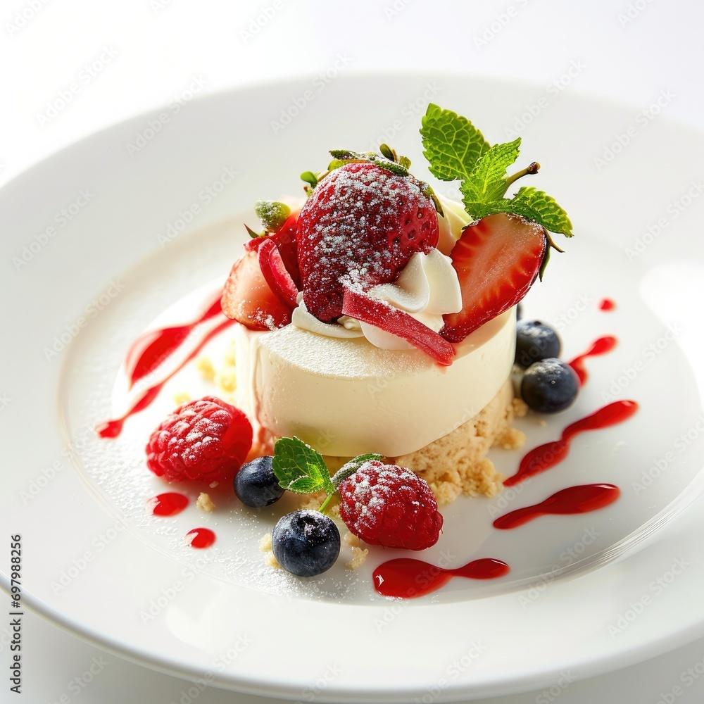 Elegant dessert with fresh berries and mint on a white plate with artistic sauce drizzle. Elegant dessert with fresh berries and mint on a white plate with artistic sauce drizzle.