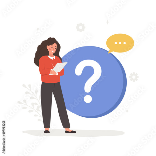 FAQ concept. Woman with question mark search for answers. Customer support and online help service. Frequently asked questions. Vector illustration in flat cartoon style.