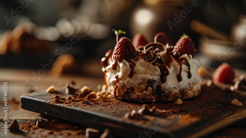 Gourmet chocolate dessert on a dark plate with garnish, elegant presentation on a wooden table.