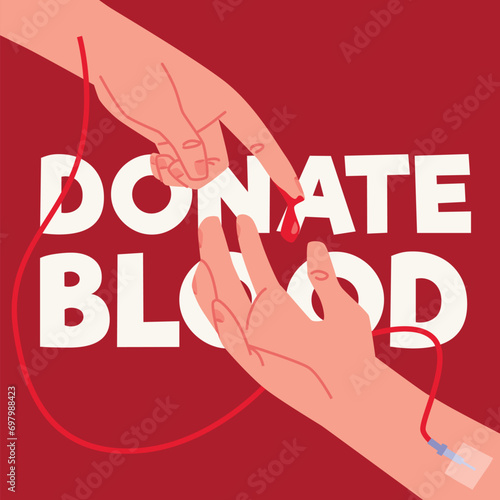 Volunteer and patient hands transferring blood vector flat illustration.