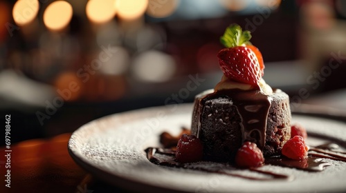 Elegant chocolate dessert garnished with a strawberry on a plate, with a bokeh background in a fine dining setting.