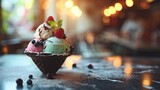 Colorful ice cream sundae with fresh berries in a dark setting with bokeh lights.