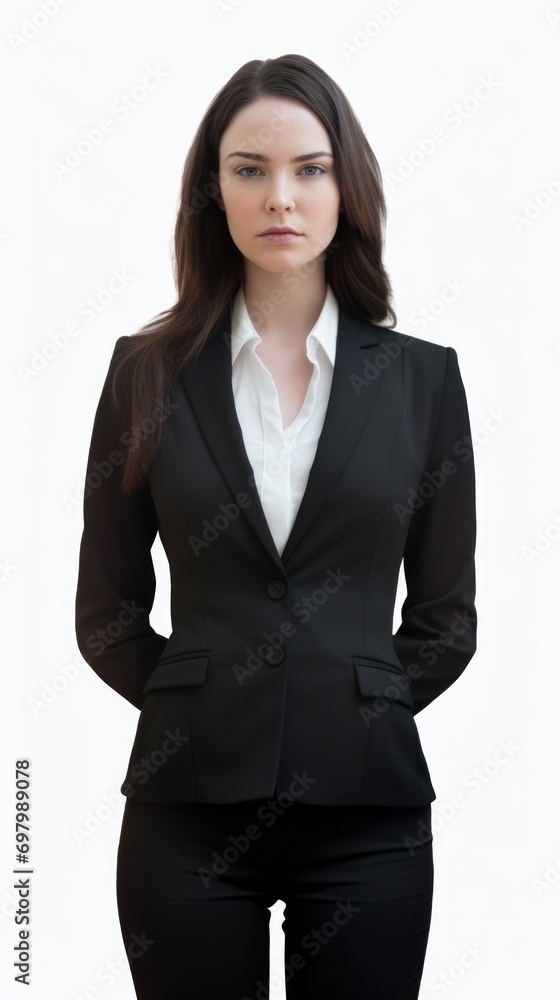 woman in a formal suit hands behind back. Generative AI woman in a formal suit hands behind back. Generative AI