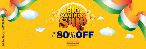 Editable banner poster design for India Republic day Big savings sale. Shopping concept upto 80% off and tricolor background.