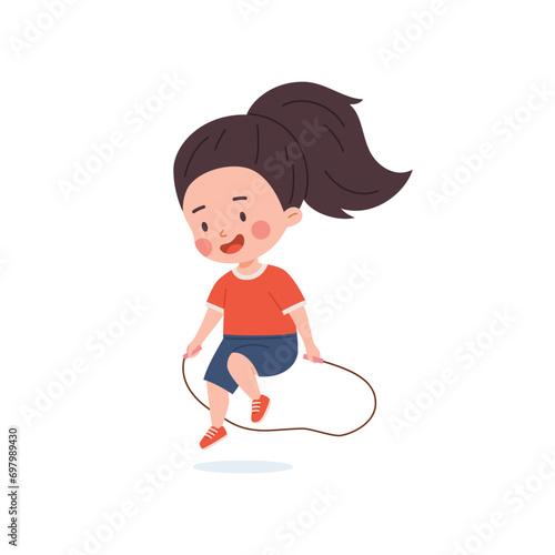 Happy cute child girl jumping rope flat style, vector illustration