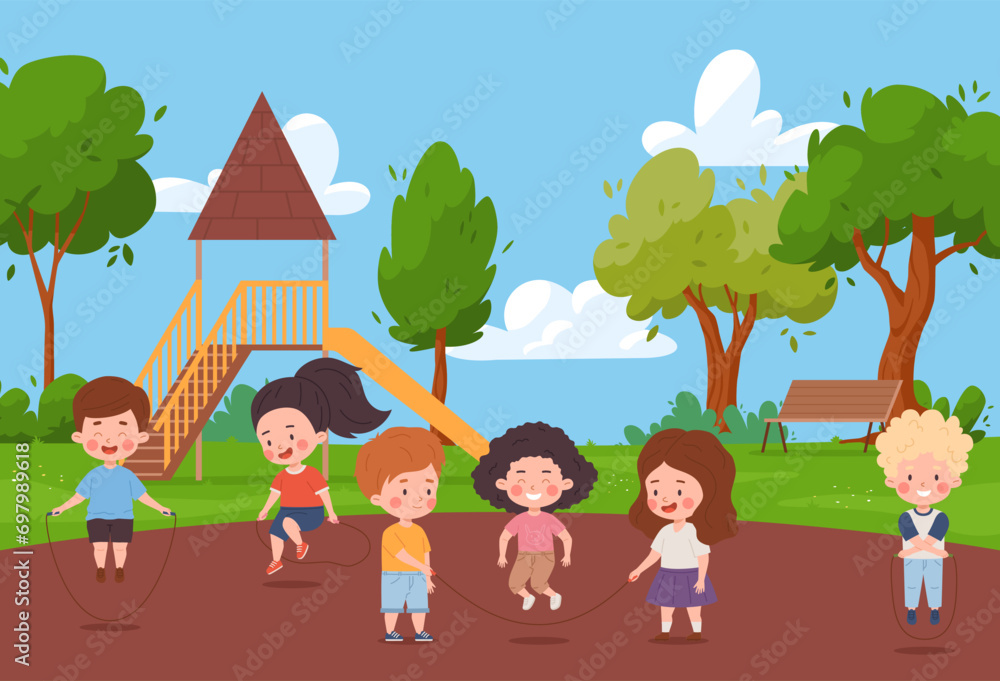 Happy children jumping rope at playground flat style, vector illustration Happy children jumping rope at playground flat style, vector illustration