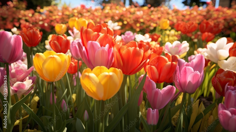Symmetrical tulip flowerbed featuring a colorful array of mixed tulip varieties.. Generative AI Symmetrical tulip flowerbed featuring a colorful array of mixed tulip varieties.. Generative AI