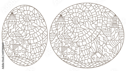 A set of contour illustrations in the style of stained glass with urban landscapes , dark contours on a white background