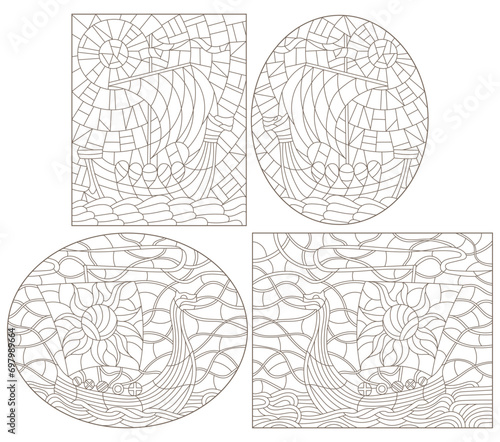 A set of contour illustrations in the style of stained glass with ancient Viking ships, dark contours on a white background