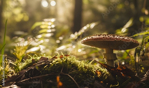  mushroom growing in forest cottage core , Generative AI