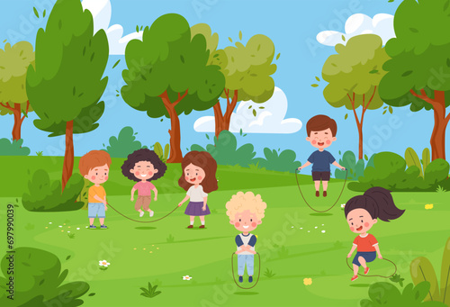 Cute happy children jumping rope together at park flat style