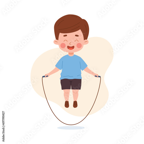 Happy child boy jumping rope flat style, vector illustration