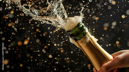 Celebration theme with splashing champagne. Christmas, New Year or Valentines day background.