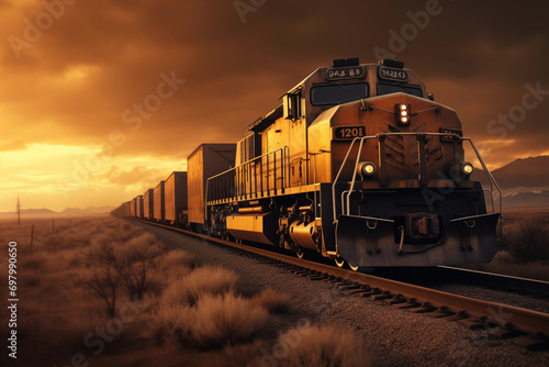 an old diesel locomotive pulls hundreds of freight cars photo