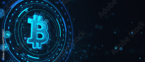 Glowing blue bitcoin on wide dark background. Cryptocurrency and finance concept. 3D Rendering.