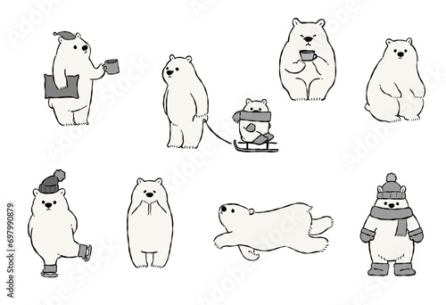 モノクロの冬を満喫する白クマのイラスト
