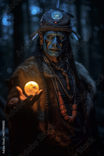 A masked mystic holding a glowing orb communes with the spirit world