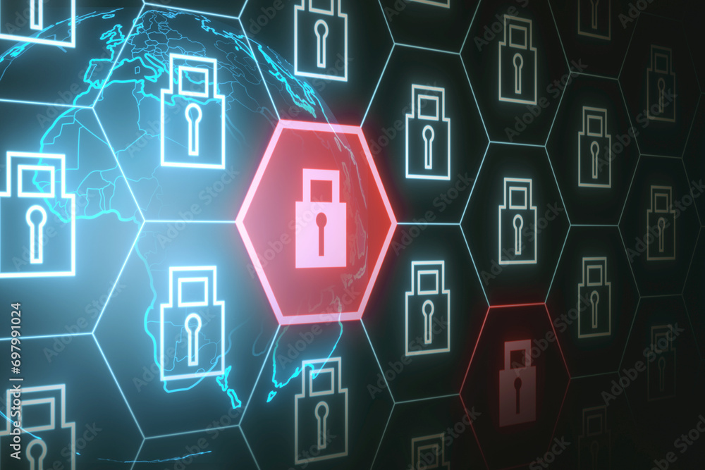 Fototapeta premium Creative padlock pattern. Global data safety and protection concept. 3D Rendering.