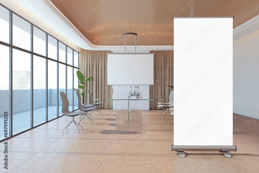 Modern meeting room interior with empty white mock up, roll-up poster, window and city view, waiting area. 3D Rendering. Modern meeting room interior with empty white mock up, roll-up poster, window and city view, waiting area. 3D Rendering.