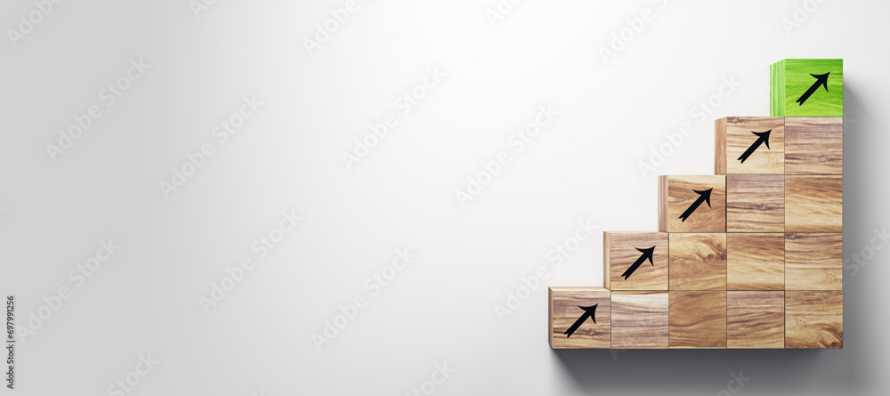 Creative growing wooden ladder with upward arrows on white wide background. Career growth and success concept. Mock up, 3D Rendering. - obrazy, fototapety, plakaty 