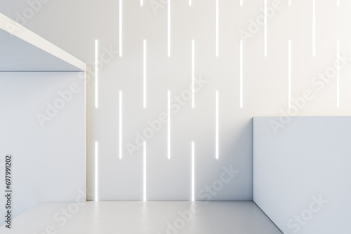 Contemporary white concrete interior with podium and linear lamps on wall. 3D Rendering. © Who is Danny
