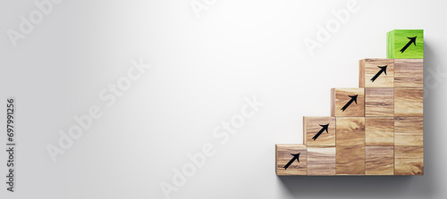 Fototapeta Naklejka Na Ścianę i Meble -  Creative growing wooden ladder with upward arrows on white wide background. Career growth and success concept. Mock up, 3D Rendering.