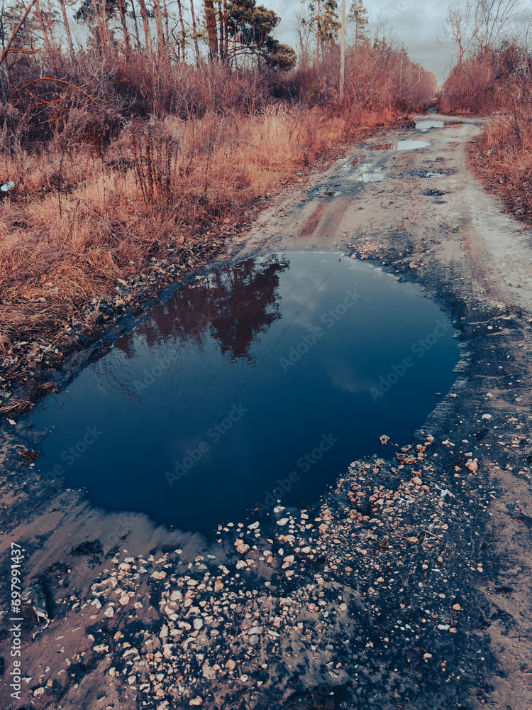 Puddles on a dirt road in autumn