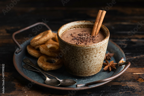 Champurrado, traditional mexican corn drink with chocolate, selective focus photo