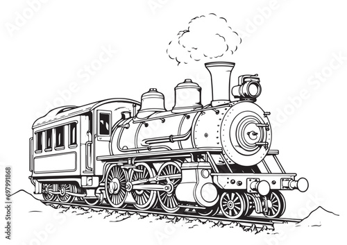 Moving retro steam locomotive. Vintage train emblem or symbol vector illustration