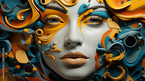 A vibrant and expressive human face transformed into a beautiful canvas of art through colorful makeup, creating a captivating mask of self-expression photo