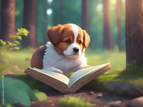 cute puppies reading book in the forest, cartoon style, puppy
