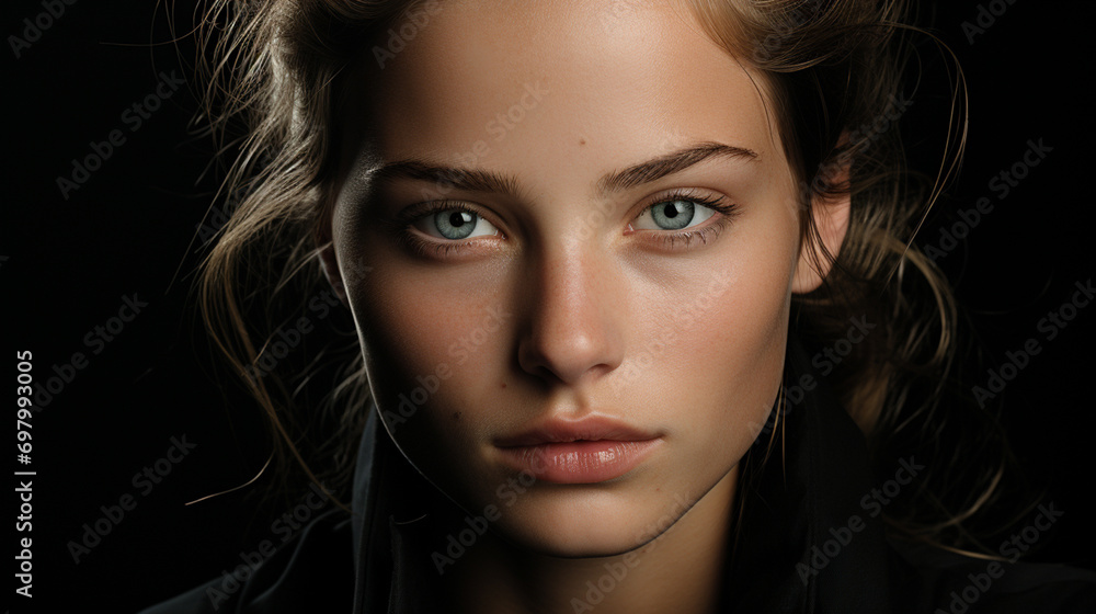 A striking closeup portrait of a woman, her piercing eyes accentuated by long lashes and perfectly defined brows, her skin glowing and lips adorned with bold makeup A striking closeup portrait of a woman, her piercing eyes accentuated by long lashes and perfectly defined brows, her skin glowing and lips adorned with bold makeup