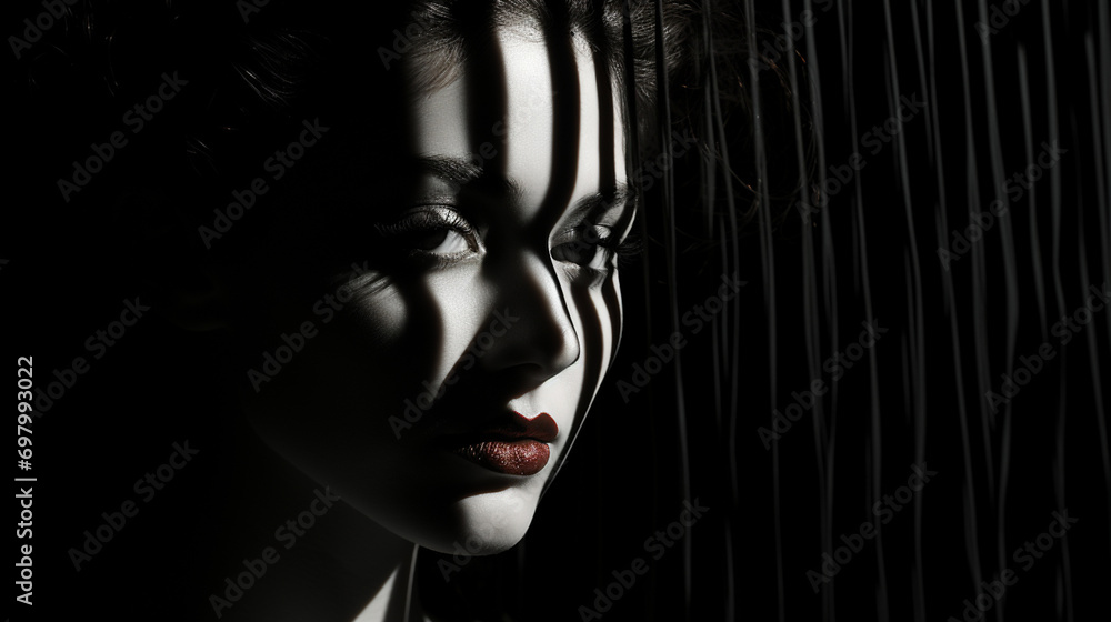 Through the dark shadows that linger on her face, a human portrait reveals the hidden depths of her emotions, with a subtle curl of her lip hinting at a mysterious and captivating persona Through the dark shadows that linger on her face, a human portrait reveals the hidden depths of her emotions, with a subtle curl of her lip hinting at a mysterious and captivating persona