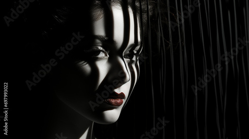 Through the dark shadows that linger on her face, a human portrait reveals the hidden depths of her emotions, with a subtle curl of her lip hinting at a mysterious and captivating persona