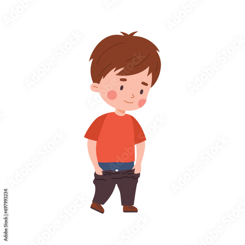 Kid dressing himself up, vector cartoon cute independent boy standing undressing or dressing pants, kinder character