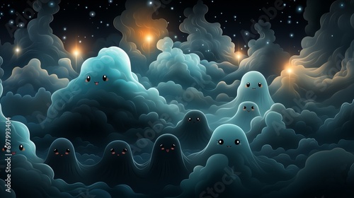 A sky filled with ethereal cloud beings, their eyes glowing amidst a backdrop of sparkling stars. A mesmerizing and otherworldly sight