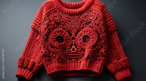 A bold statement piece, this red sweater showcases a striking skull design knitted with intricate detail and crafted with a blend of crochet and knit techniques, making it a unique photo