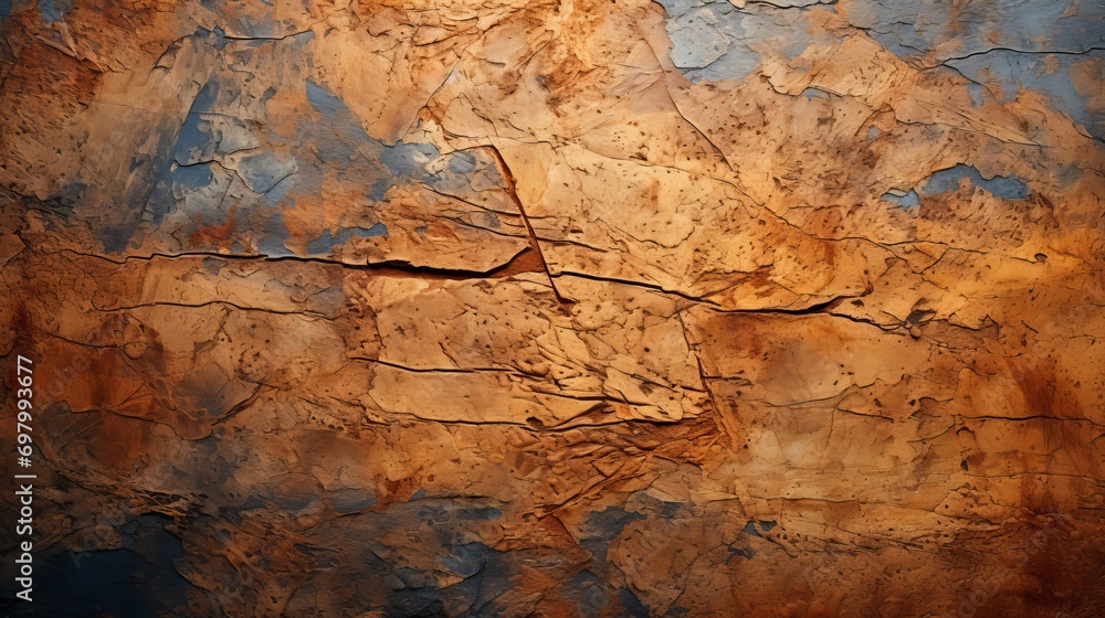 Close-up of a cracked and peeling cement wall with a rough texture. Brown and blue hues reveal its weathered condition, displaying chips and cracks Close-up of a cracked and peeling cement wall with a rough texture. Brown and blue hues reveal its weathered condition, displaying chips and cracks