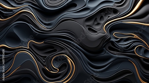 An elegant black and gold wave pattern, with flowing curved lines, creates a sophisticated and stylish image on a dark background