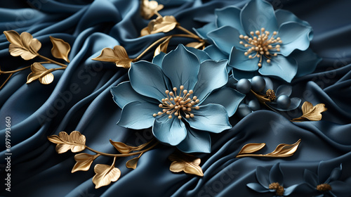 An elegant, blue silk flower with gold leaves stands out against a dark blue background, capturing beauty and grace in a charmingly delicate design