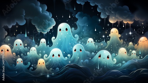 A haunting scene filled with ghostly creatures suspended in a stormy sky. Their glowing eyes convey a mix of smiles and frowns against a backdrop of ominous clouds and flashing lightning