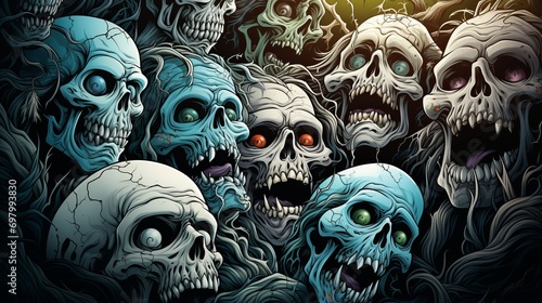 A spooky and captivating image featuring a collection of skulls, illuminated by eerie glowing eyes. Perfect for adding a chilling touch to Halloween or horror-themed designs